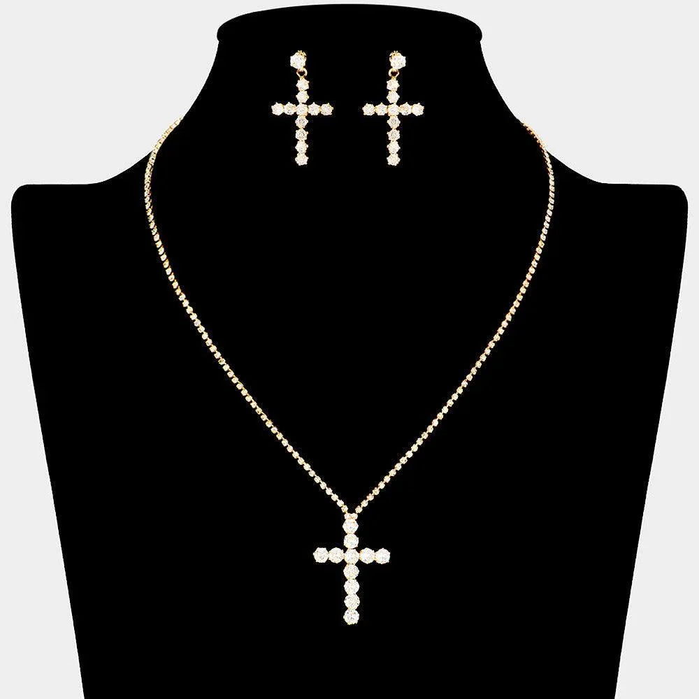 Gold CZ Stone Paved Cross Pendant Rhinestone Necklace - Jewelry Store by Erik Rayo