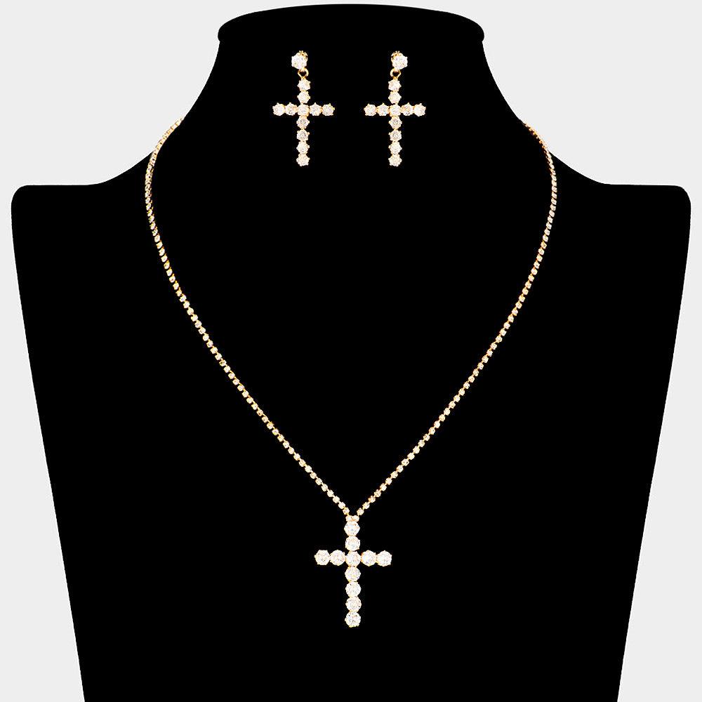 Gold CZ Stone Paved Cross Pendant Rhinestone Necklace