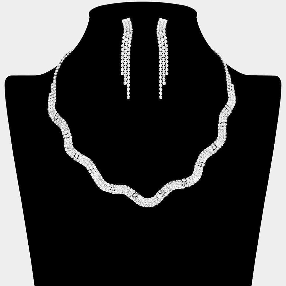 Silver Rhinestone Paved Wavy Necklace