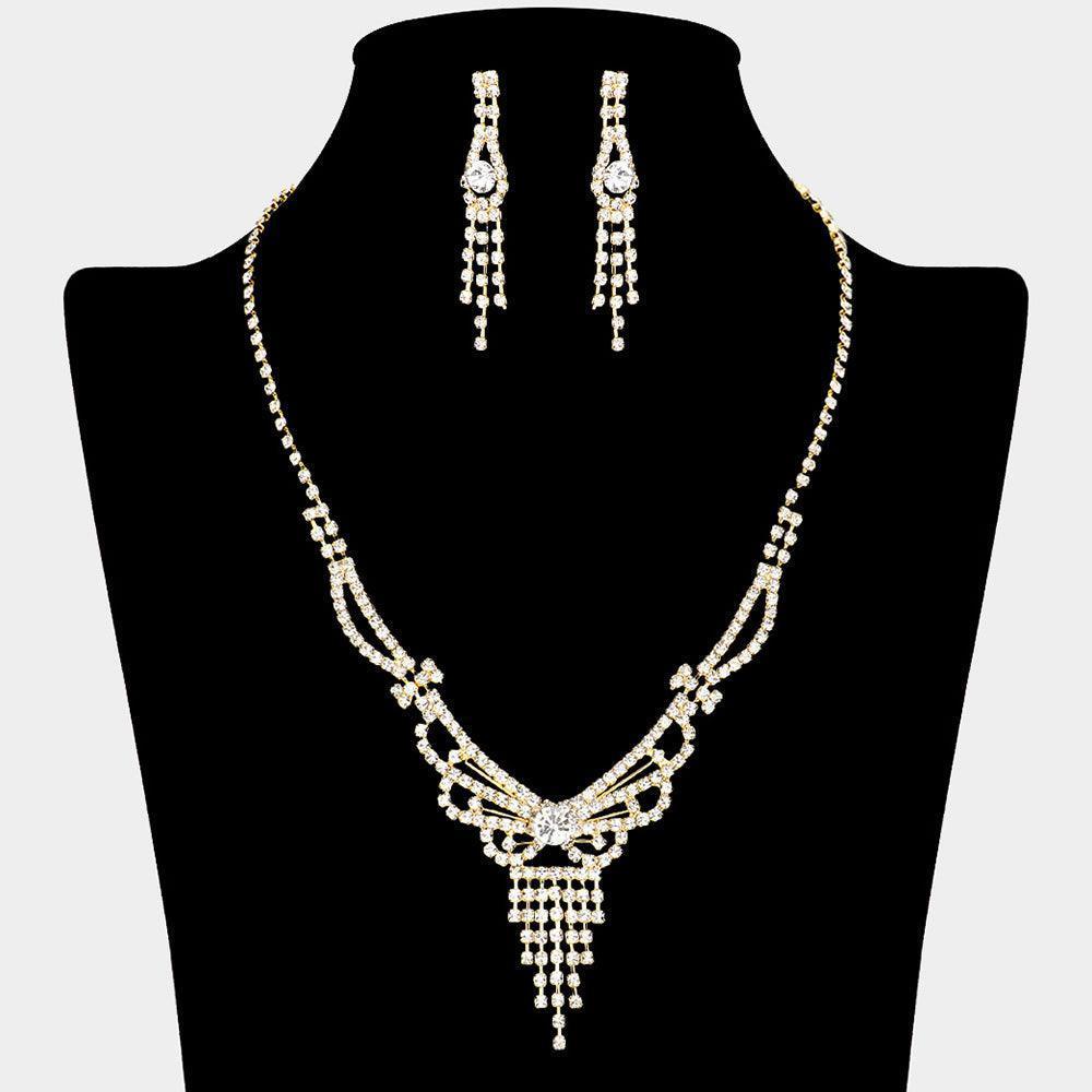 Gold Fringe V Shaped Necklace Rhinestone Paved - Jewelry Store by Erik Rayo