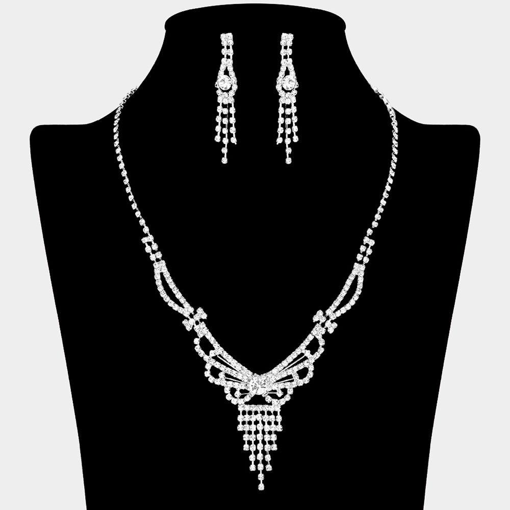 Silver Fringe V Shaped Necklace Rhinestone Paved