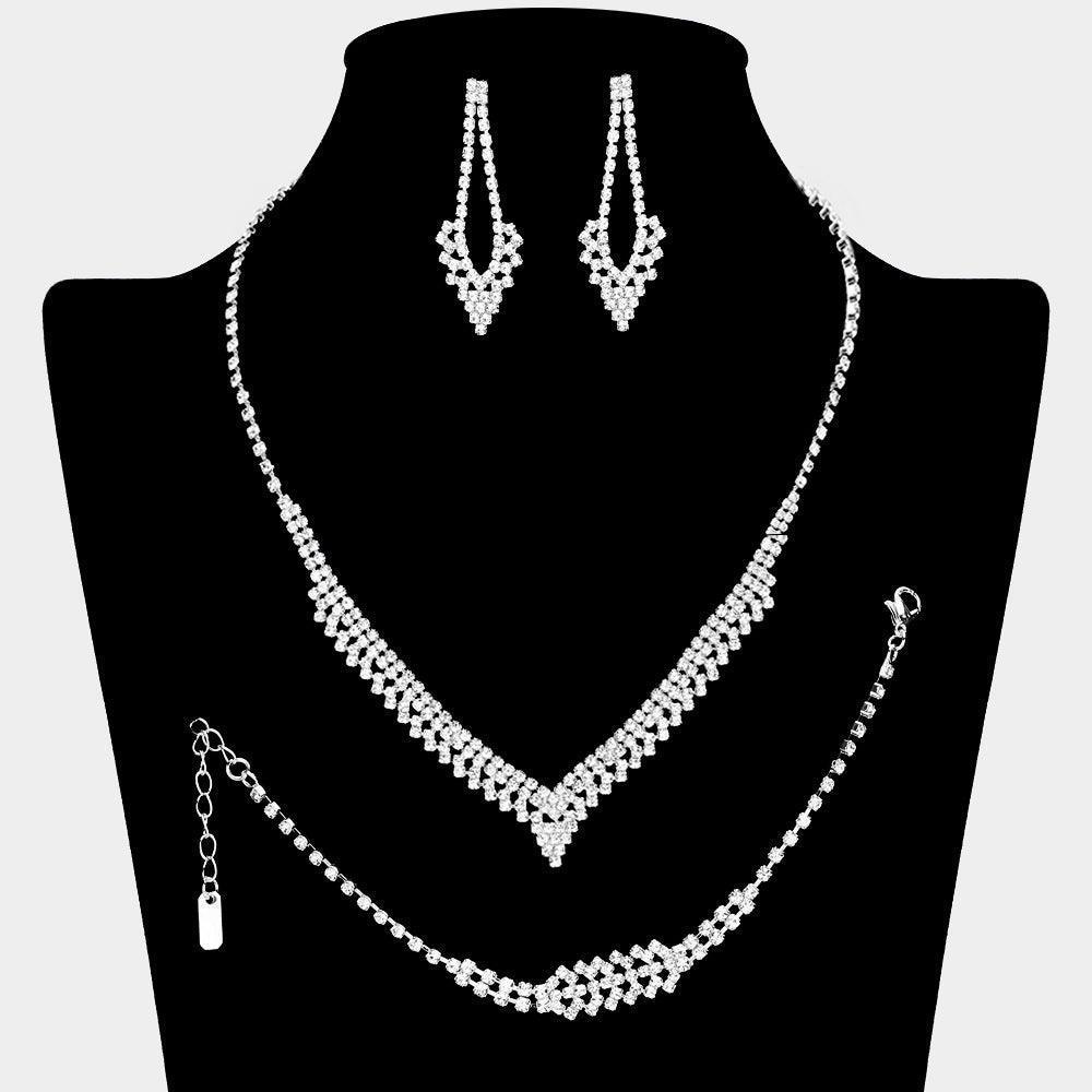 Silver V Shaped Necklace Jewelry Set Rhinestone Paved - Jewelry Store by Erik Rayo