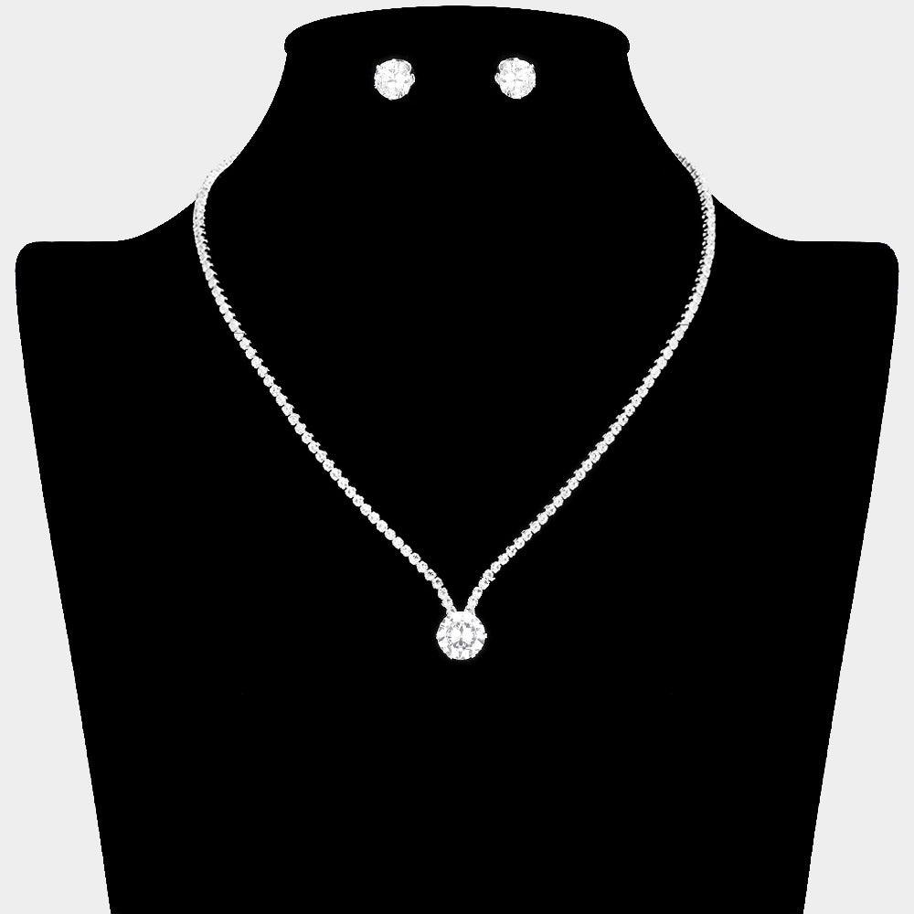 Silver CZ Round Stone Pointed Pendant Necklace Rhinestone Paved