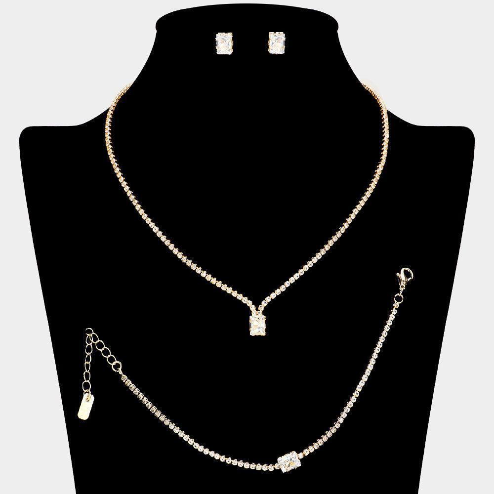 Gold Rectangle Stone Pointed Necklace Jewelry Set Rhinestone Paved - Jewelry Store by Erik Rayo