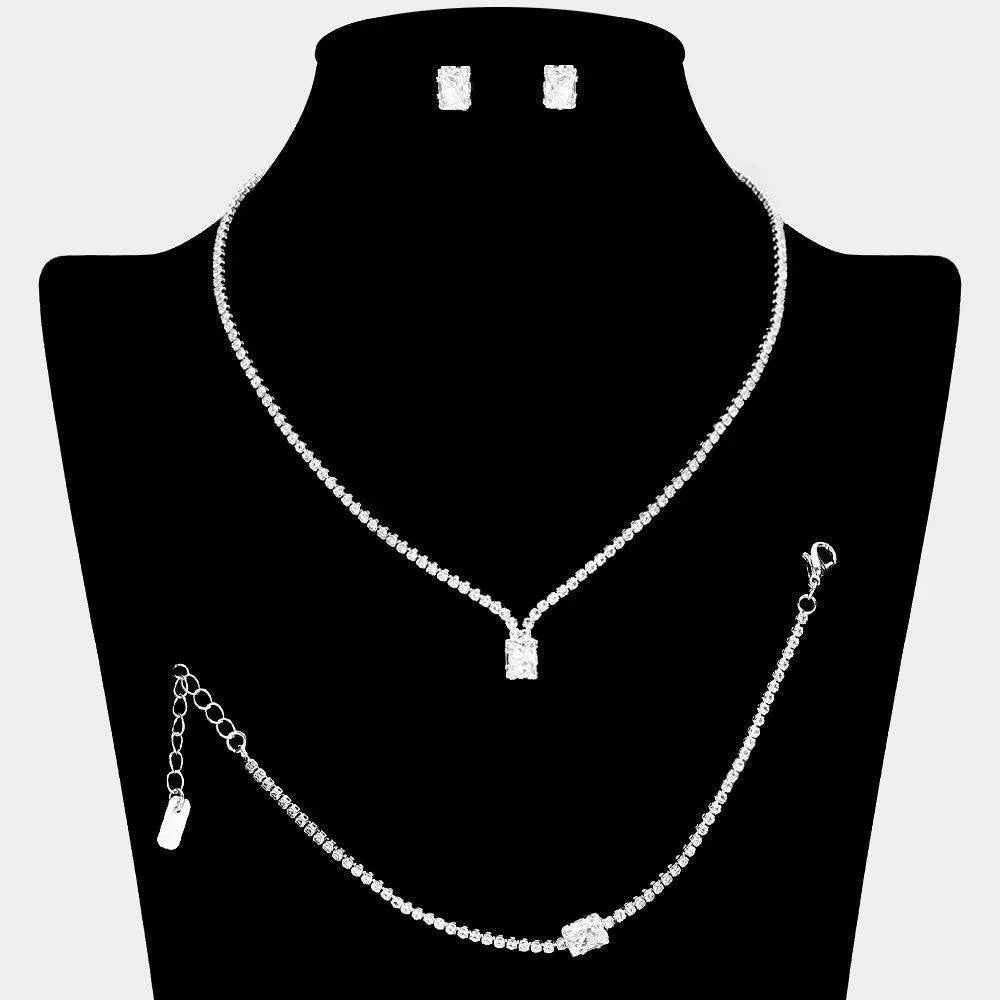 Silver Rectangle Stone Pointed Necklace Jewelry Set Rhinestone Paved - Jewelry Store by Erik Rayo