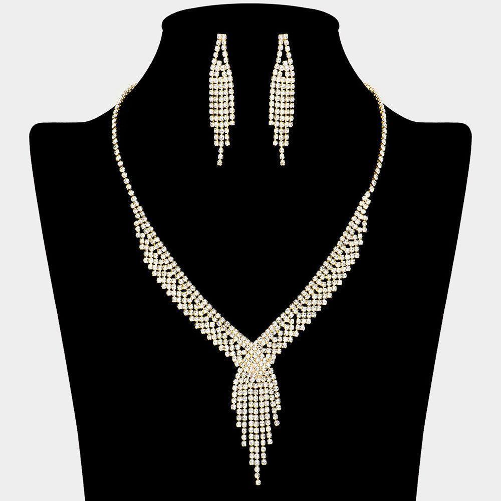Gold Fringe V Shaped Necklace Rhinestone Paved - Jewelry Store by Erik Rayo