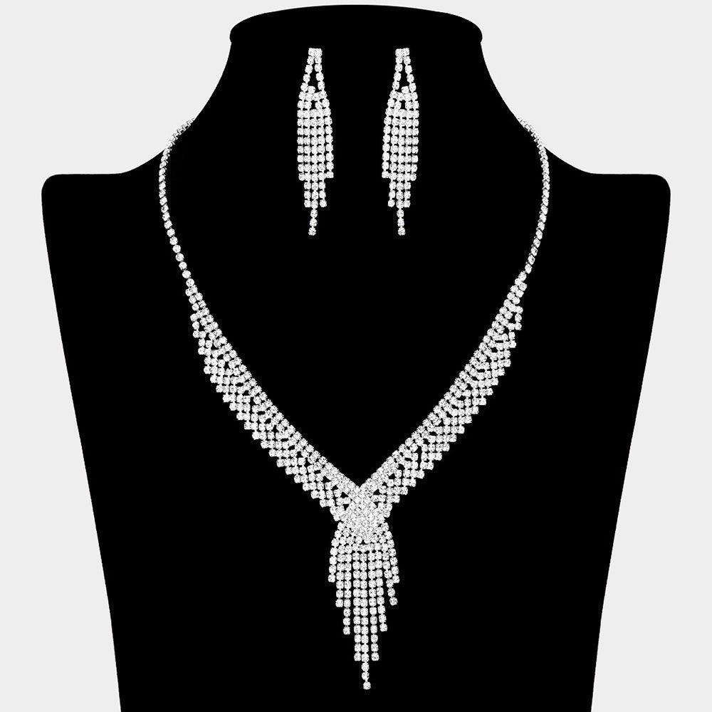 Silver Fringe V Shaped Necklace Rhinestone Paved - Jewelry Store by Erik Rayo