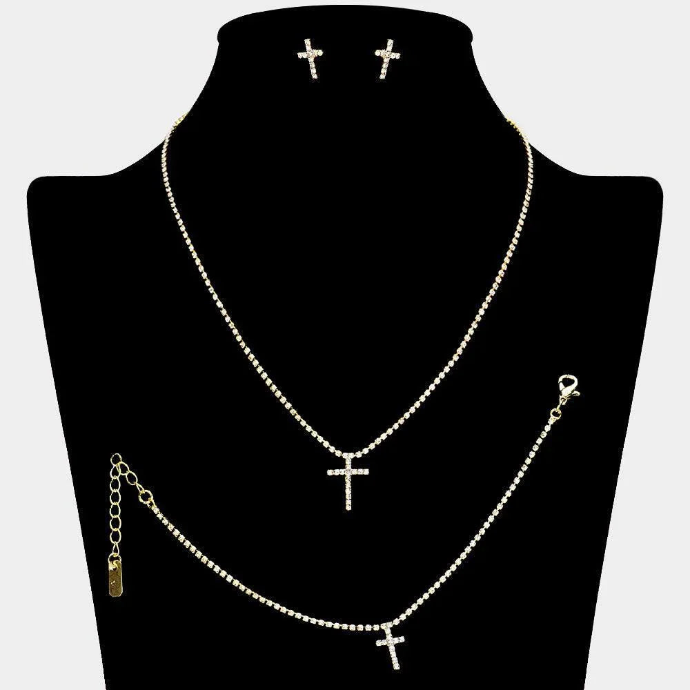 Gold Cross Pendant Necklace Jewelry Set Rhinestone Paved - Jewelry Store by Erik Rayo