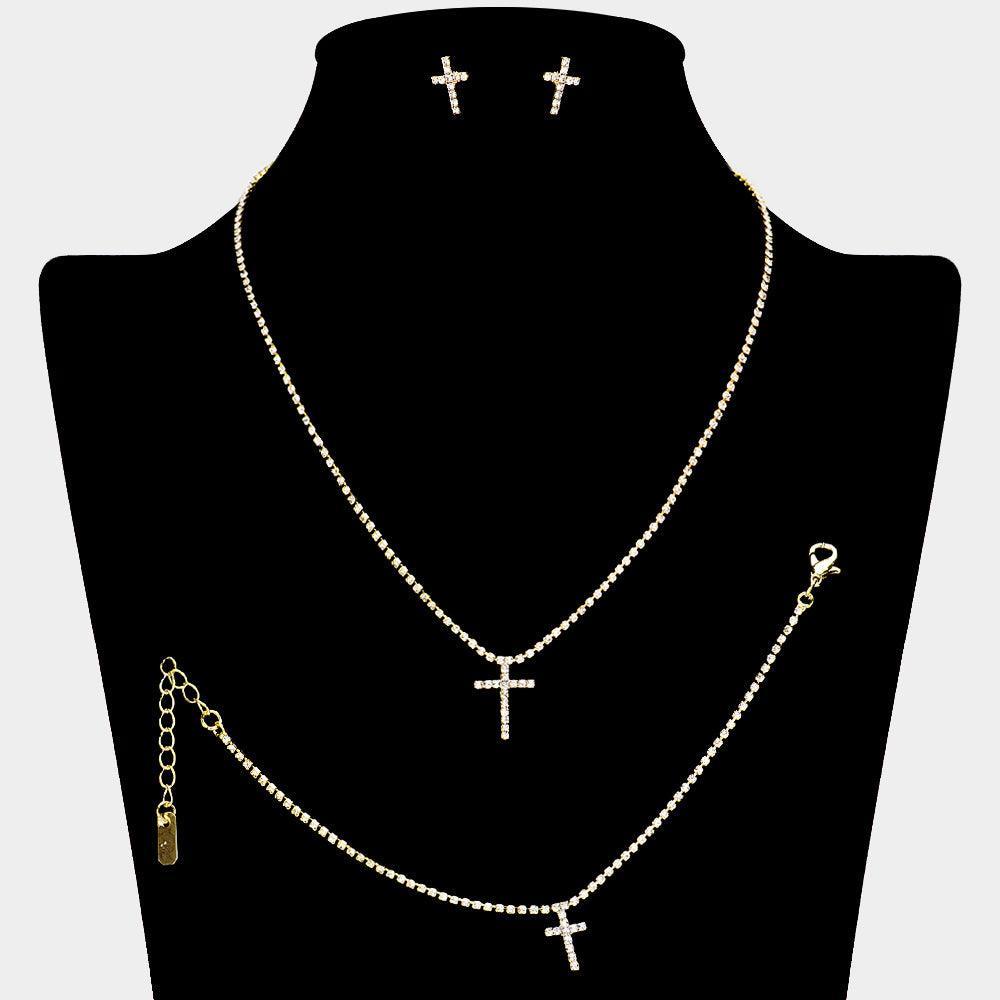 Gold Cross Pendant Necklace Jewelry Set Rhinestone Paved