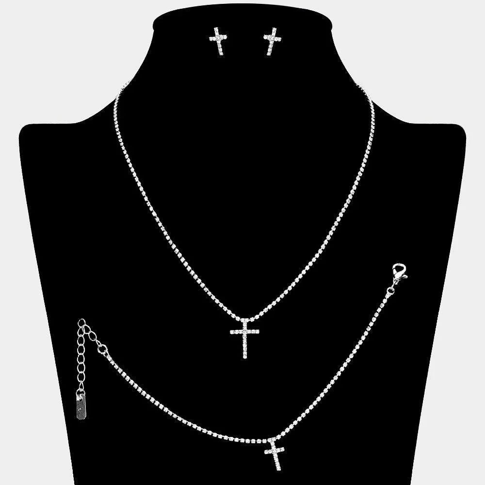 Silver Cross Pendant Necklace Jewelry Set Rhinestone Paved - Jewelry Store by Erik Rayo