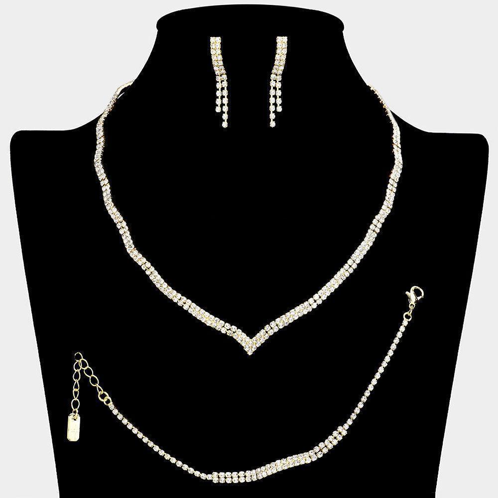 Gold Wavy V Shaped Necklace Jewelry Set Rhinestone Paved - Jewelry Store by Erik Rayo