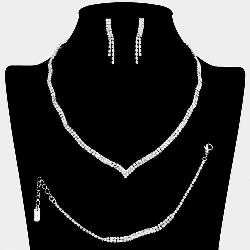 Silver Wavy V Shaped Necklace Jewelry Set Rhinestone Paved - Jewelry Store by Erik Rayo