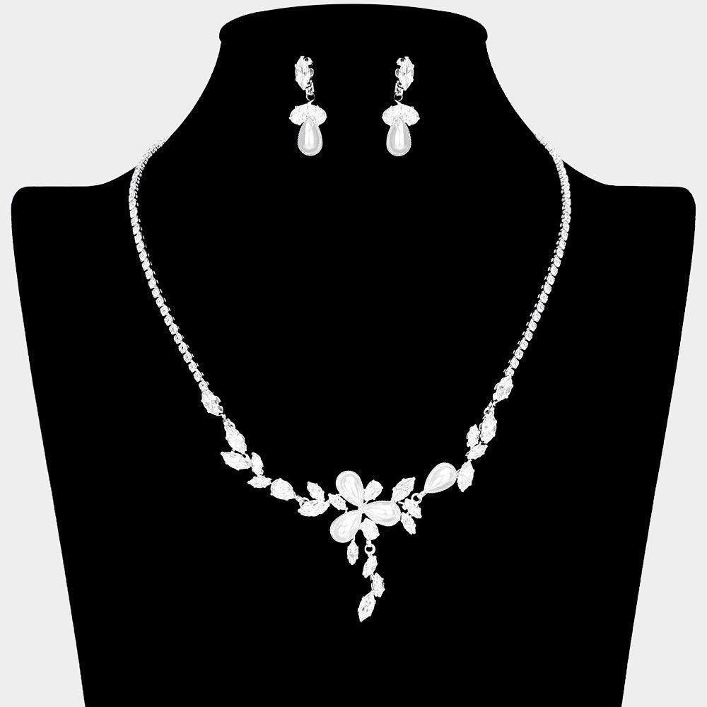 White Teardrop Pearl Pointed CZ Marquise Stone Cluster Pointed Necklace Rhinestone Paved