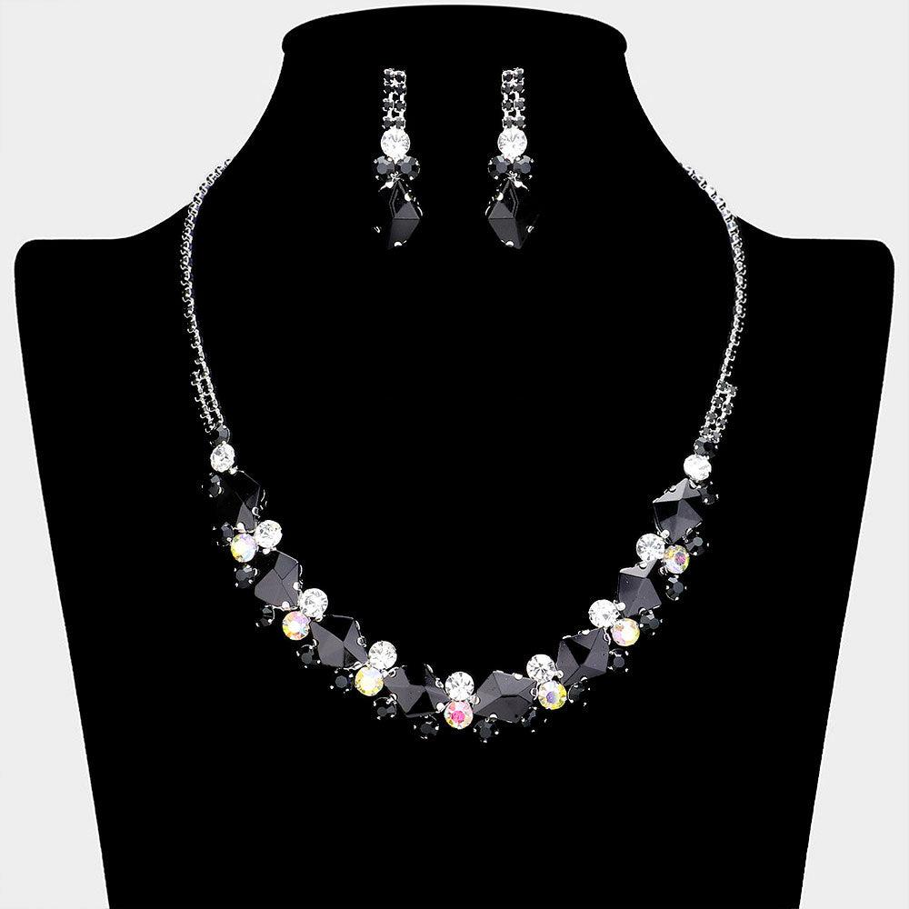 Silver Glass Crystal Stone Cluster Pointed Necklace Rhinestone Paved