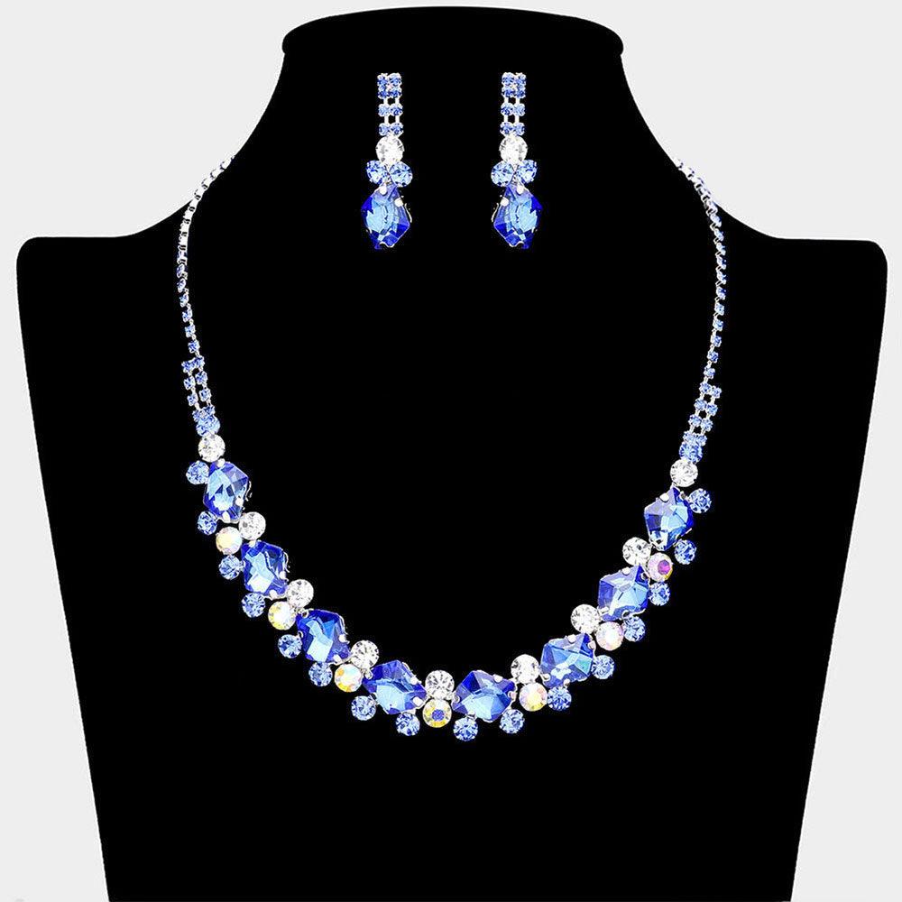 Silver Glass Crystal Stone Cluster Pointed Necklace Rhinestone Paved