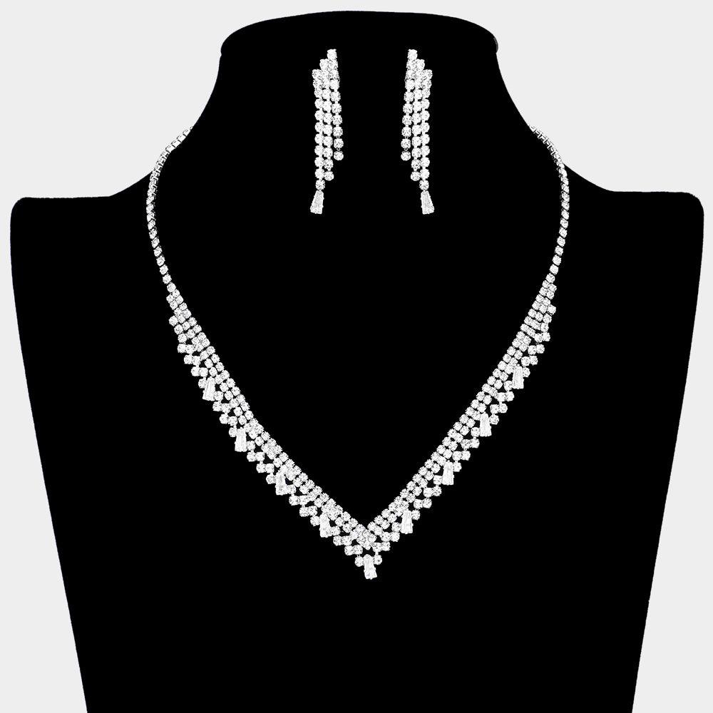 Silver CZ V Shaped Necklace Rhinestone Paved