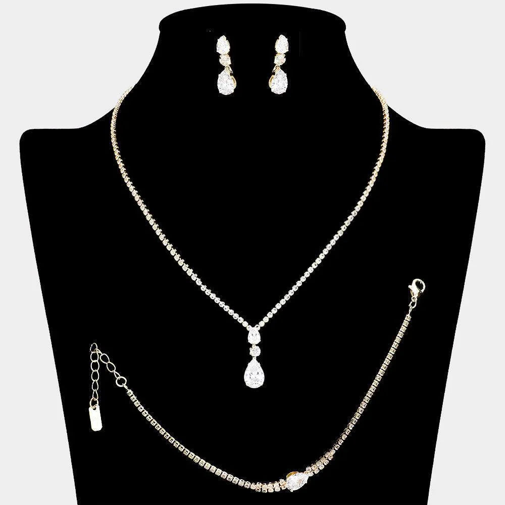 Gold Teardrop CZ Stone Pendant Pointed Necklace Jewelry Set Rhinestone Paved - Jewelry Store by Erik Rayo