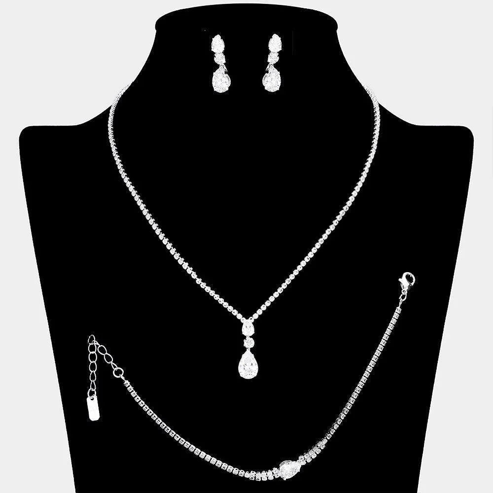 Silver Teardrop CZ Stone Pendant Pointed Necklace Jewelry Set Rhinestone Paved - Jewelry Store by Erik Rayo