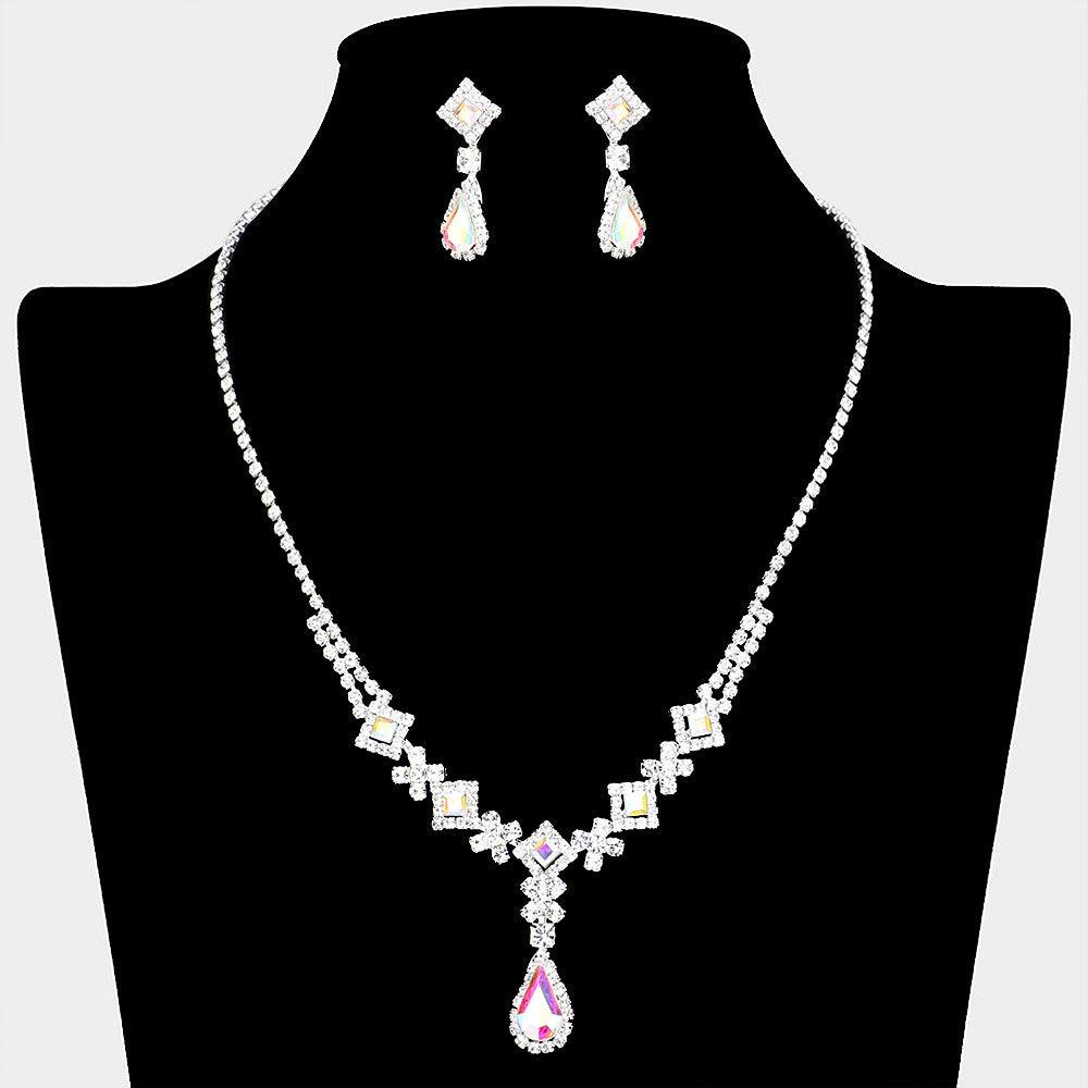 Silver Teardrop Stone Pointed Necklace Rhinestone Paved