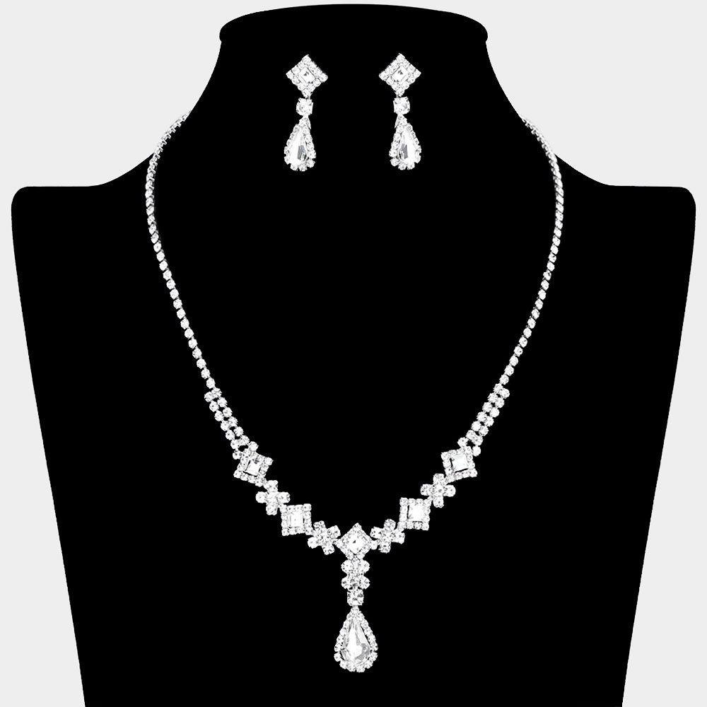 Silver Teardrop Stone Pointed Necklace Rhinestone Paved