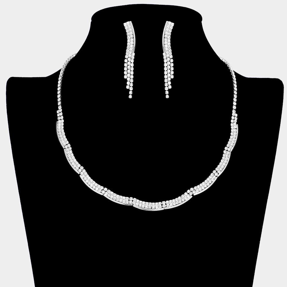 Silver Wavy Necklace Rhinestone Paved