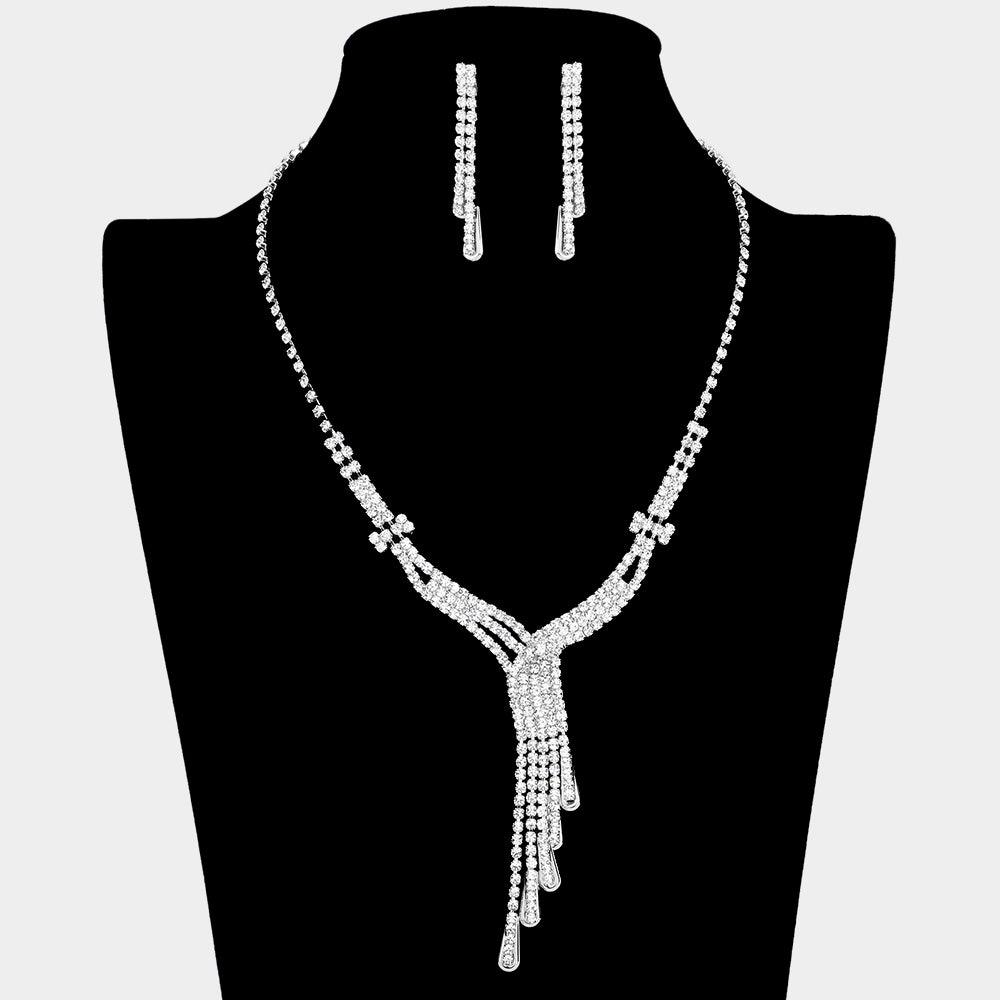 Silver Fringe Pointed Necklace Rhinestone Paved