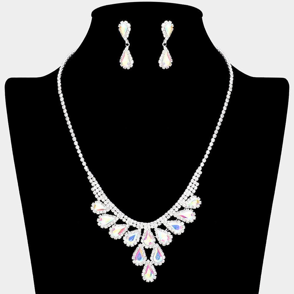 Silver Teardrop Stone Cluster Necklace Rhinestone Paved