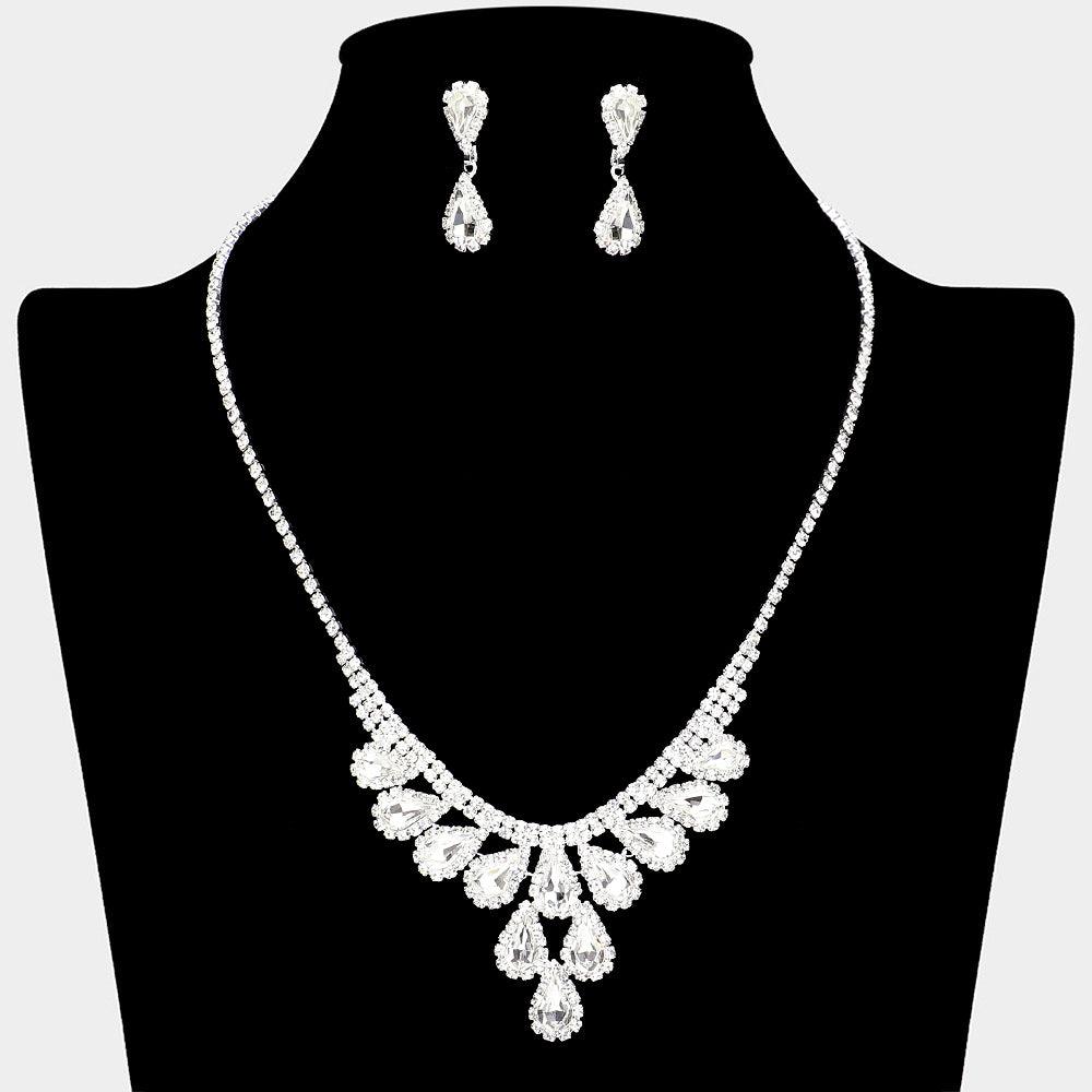 Silver Teardrop Stone Cluster Necklace Rhinestone Paved