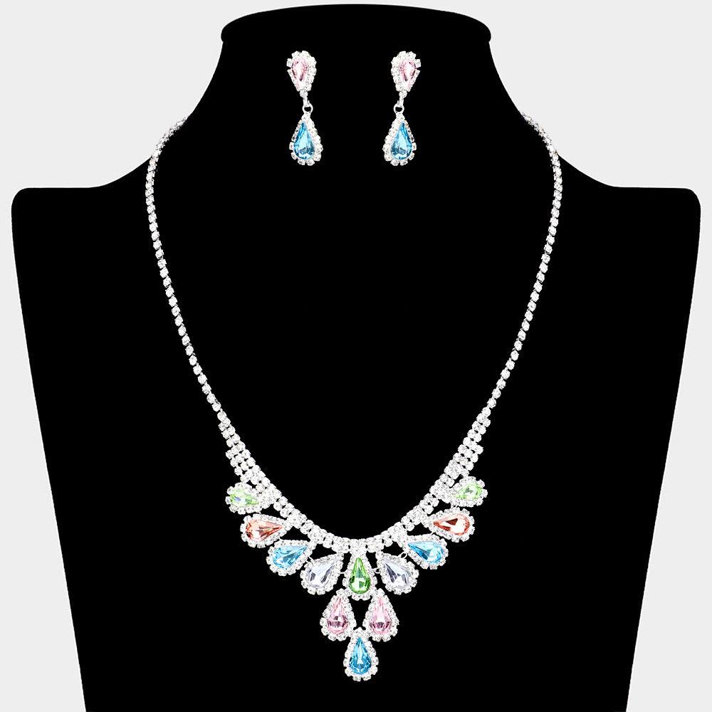 Silver Teardrop Stone Cluster Necklace Rhinestone Paved