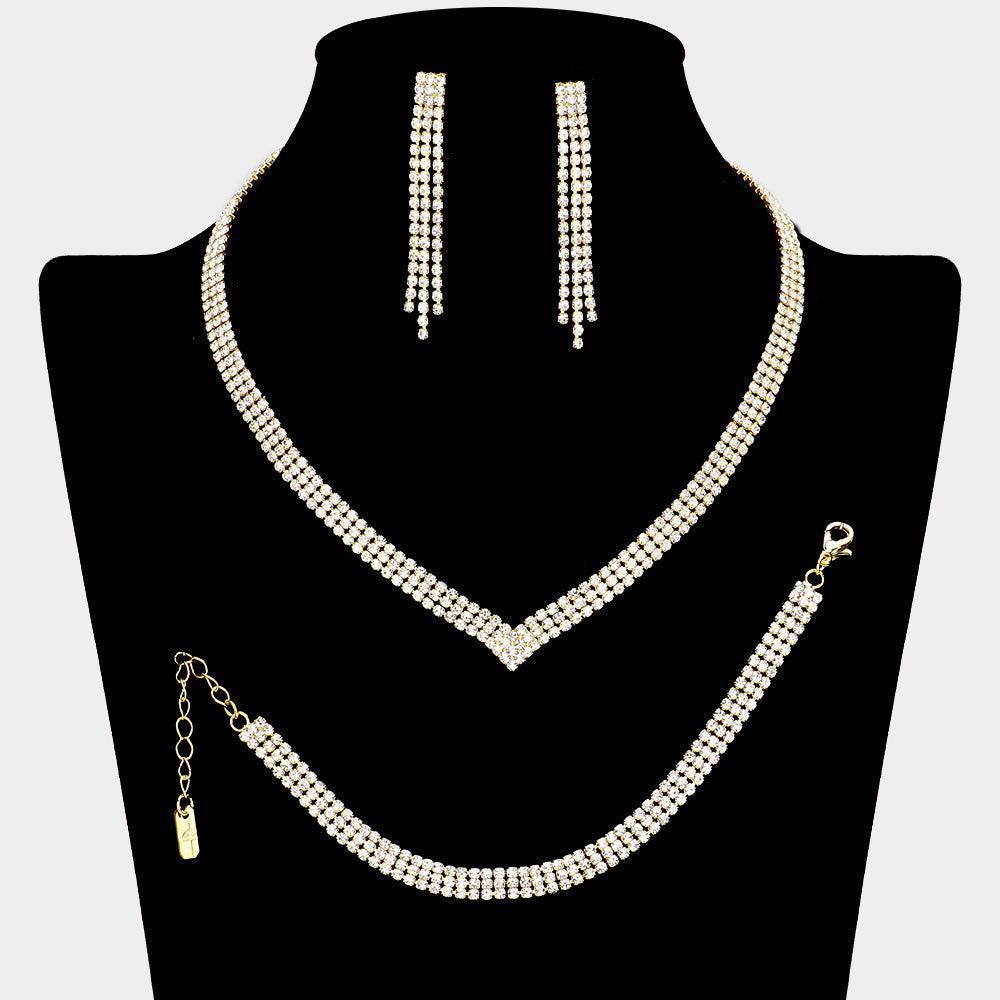 Gold V Shaped Necklace Jewelry Set Rhinestone Paved