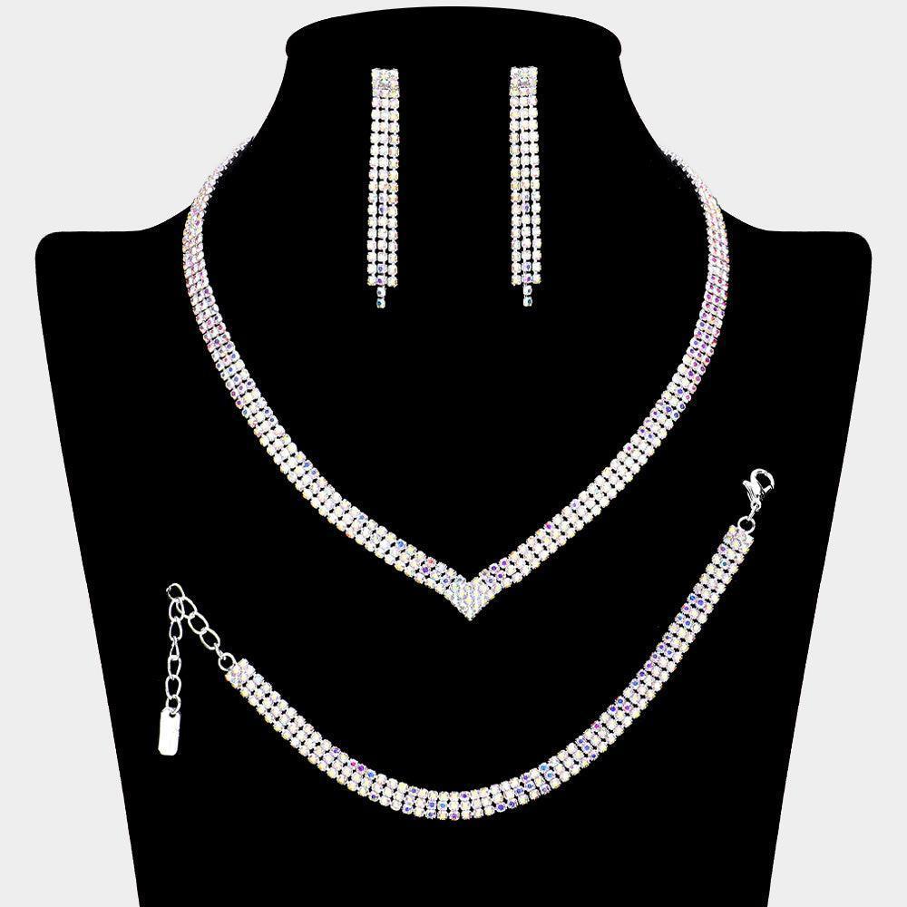 Silver V Shaped Necklace Jewelry Set Rhinestone Paved - Jewelry Store by Erik Rayo