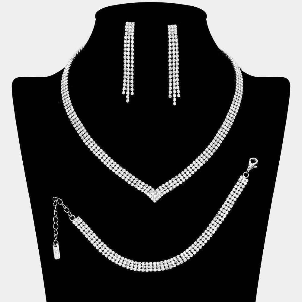 Silver V Shaped Necklace Jewelry Set Rhinestone Paved - Jewelry Store by Erik Rayo