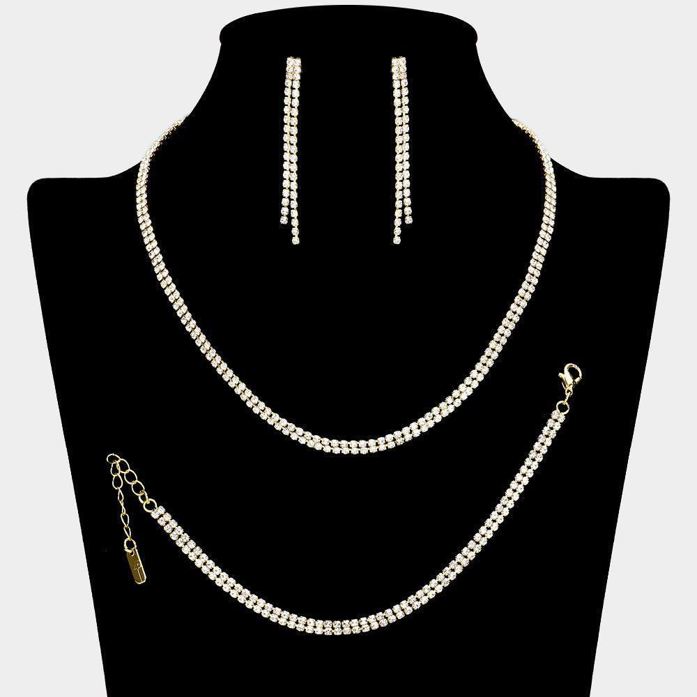 Gold 2 Row Necklace Jewelry Set Rhinestone Paved