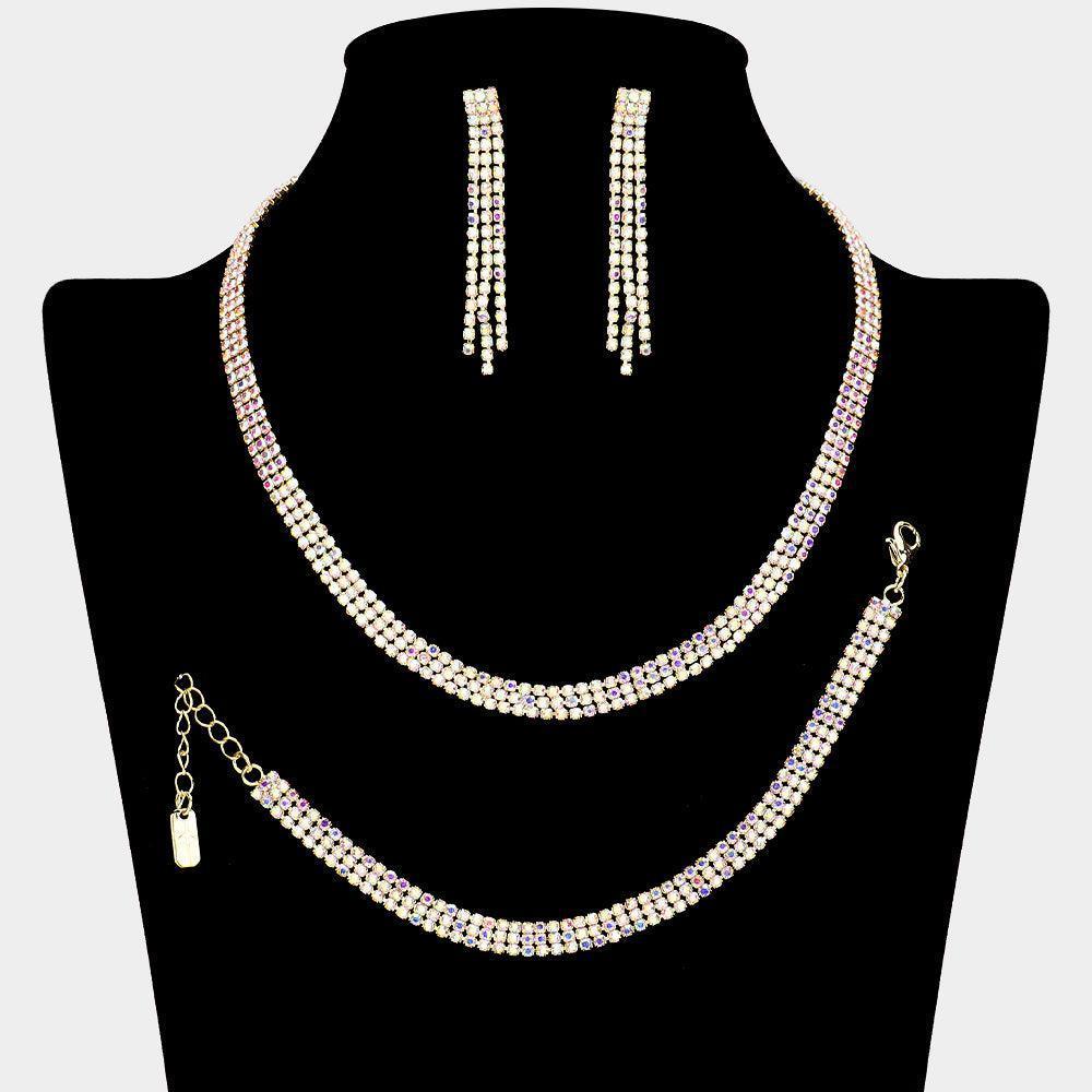 Gold 3-Row Necklace Jewelry Set Rhinestone Paved - Jewelry Store by Erik Rayo