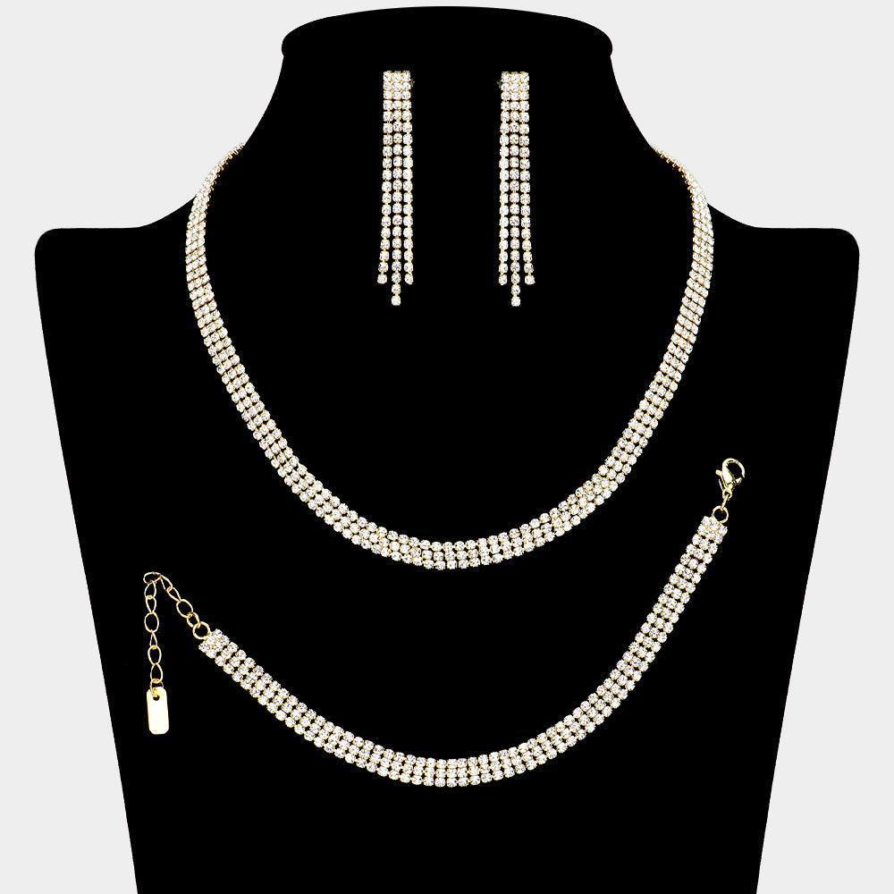 Gold 3-Row Necklace Jewelry Set Rhinestone Paved - Jewelry Store by Erik Rayo