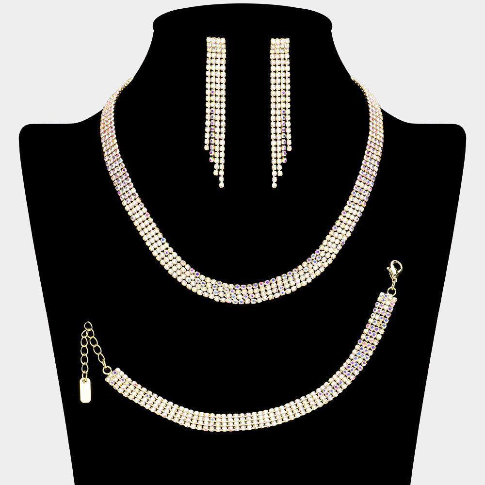 Gold 4 Row Necklace Jewelry Set Rhinestone Paved - Jewelry Store by Erik Rayo