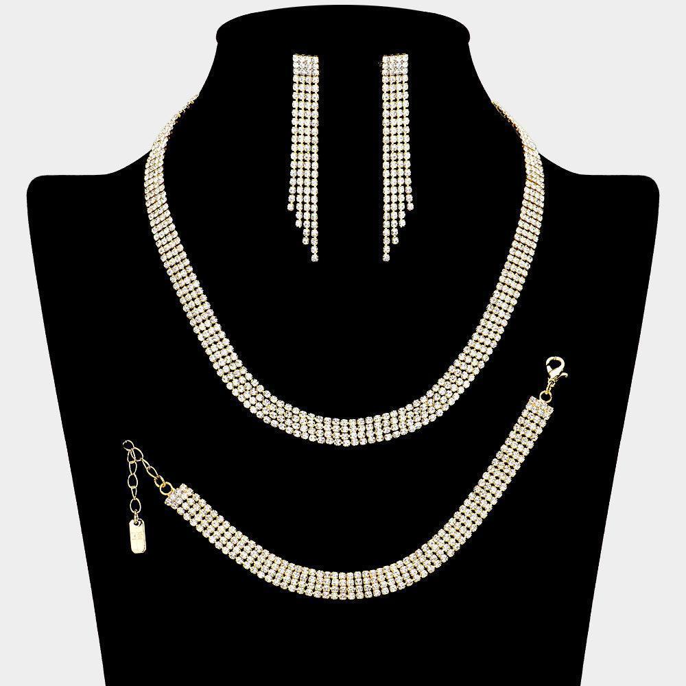Gold 4 Row Necklace Jewelry Set Rhinestone Paved - Jewelry Store by Erik Rayo
