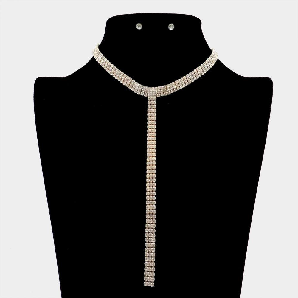 Gold 3 Rows Rhinestone Y Necklace