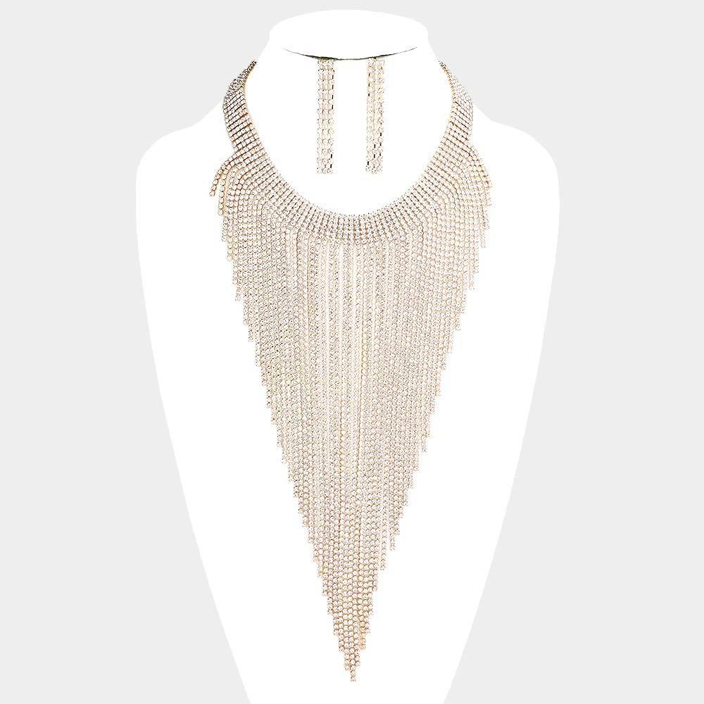 Gold Fringe Choker Necklace Rhinestone Paved