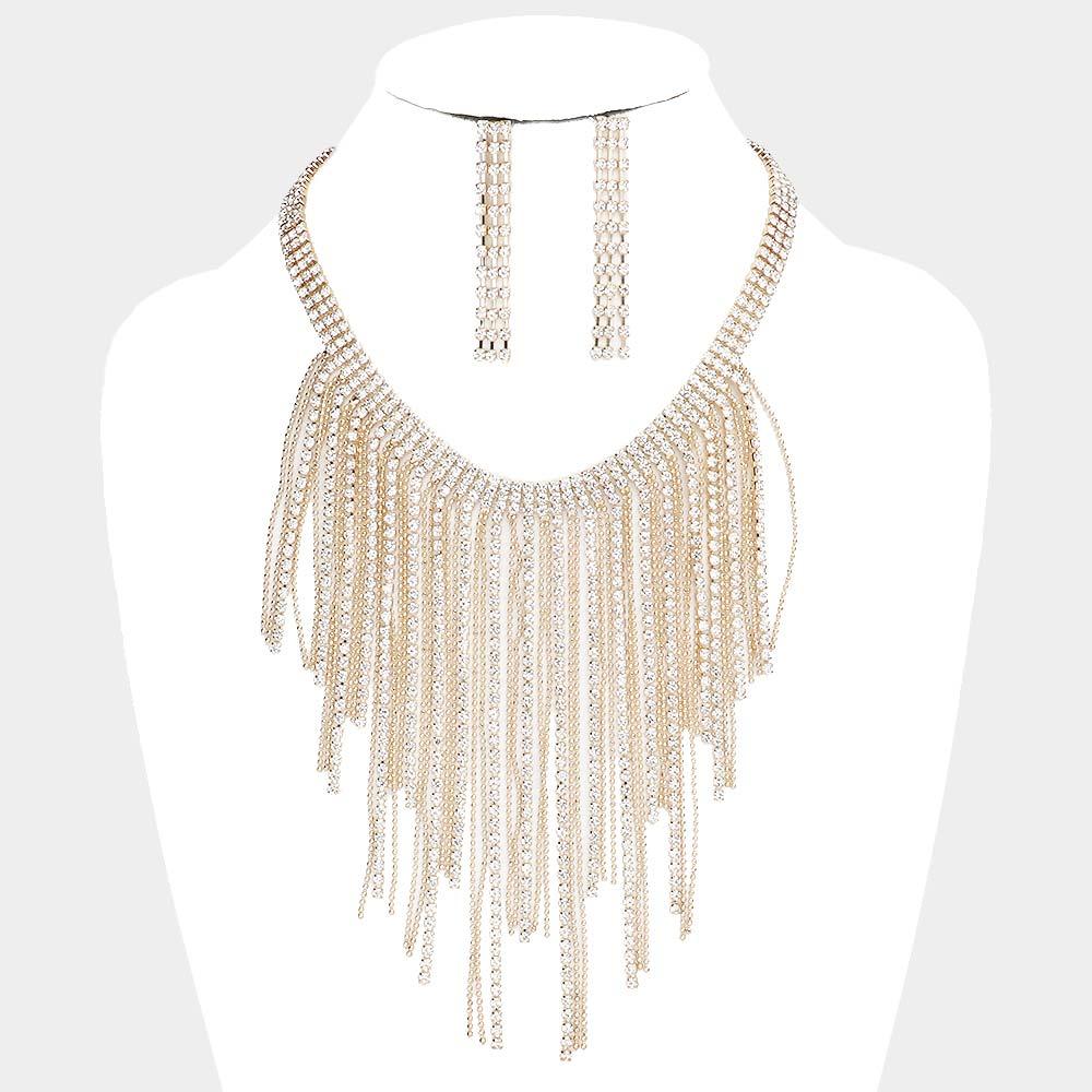 Gold Rhinestone Metal Ball Chain Fringe Choker Necklace