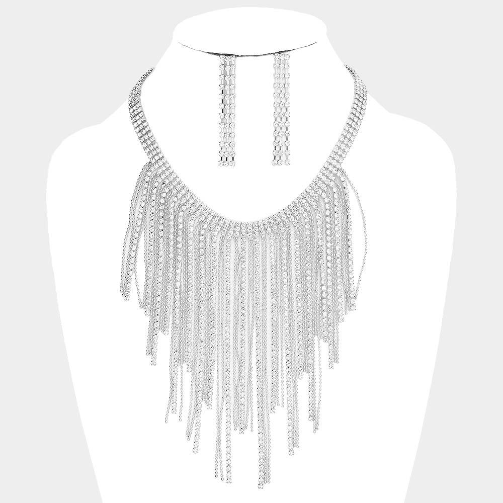 Rhinestone Metal Ball Chain Fringe Choker Necklace