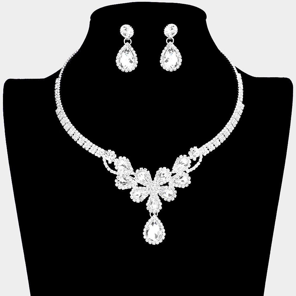 Silver Flower Accented Rhinestone Necklace