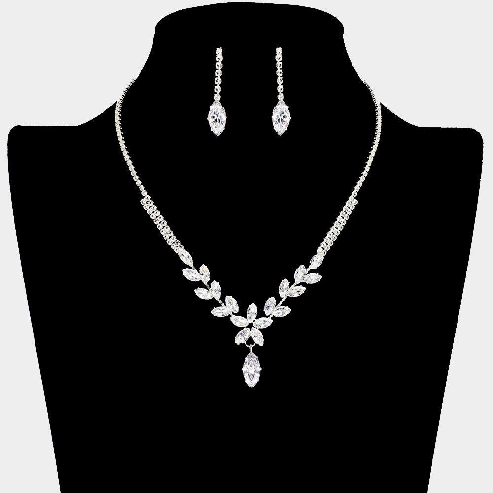 Silver CZ Marquise Stone Cluster Pointed Necklace Rhinestone Paved