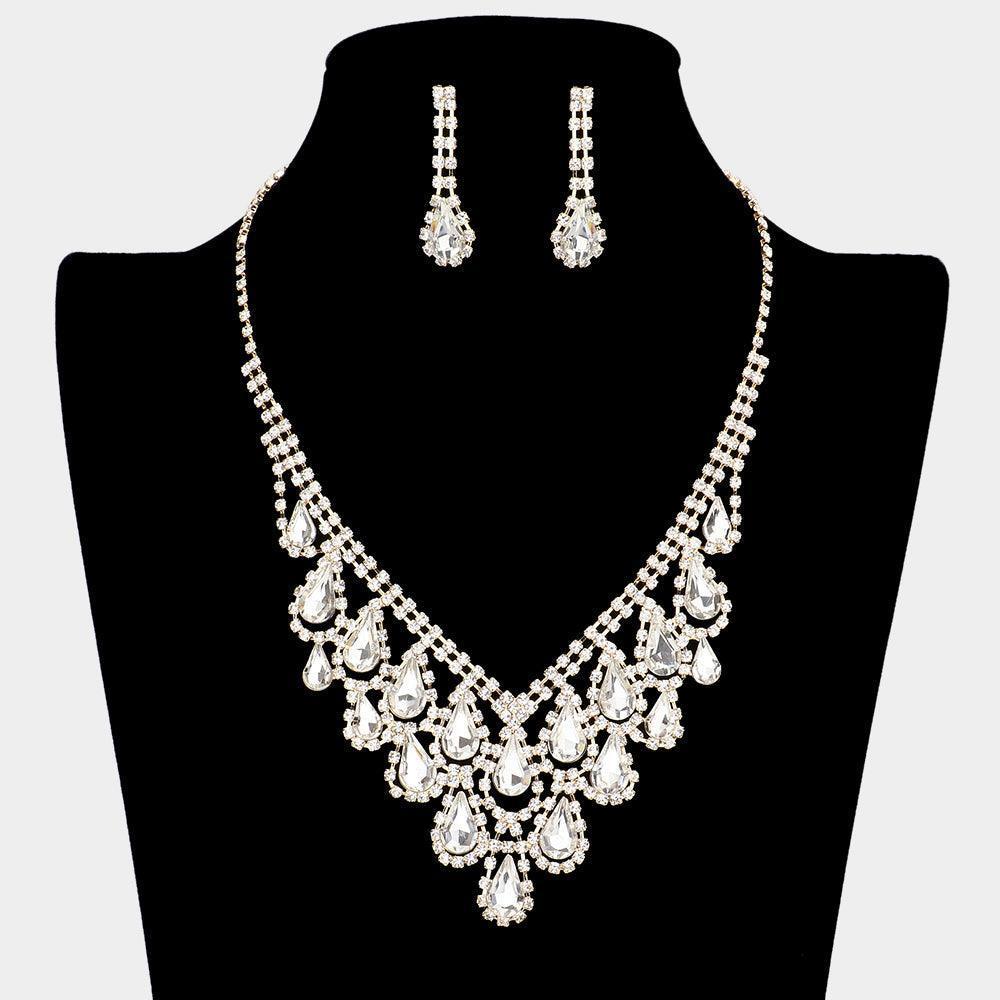 Gold Teardrop Stone Accented Rhinestone Necklace - Jewelry Store by Erik Rayo