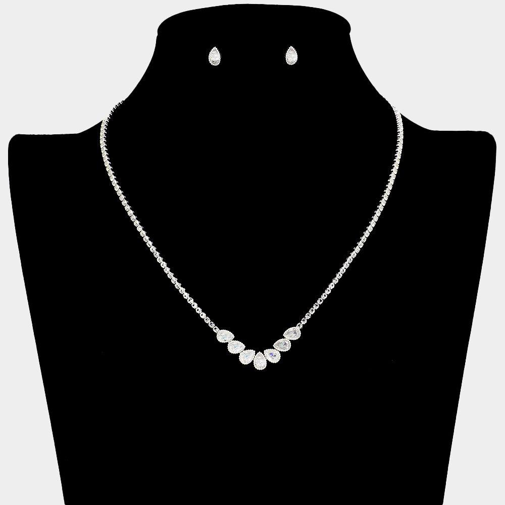 Silver CZ Teardrop Stone Cluster Pointed Necklace Rhinestone Paved