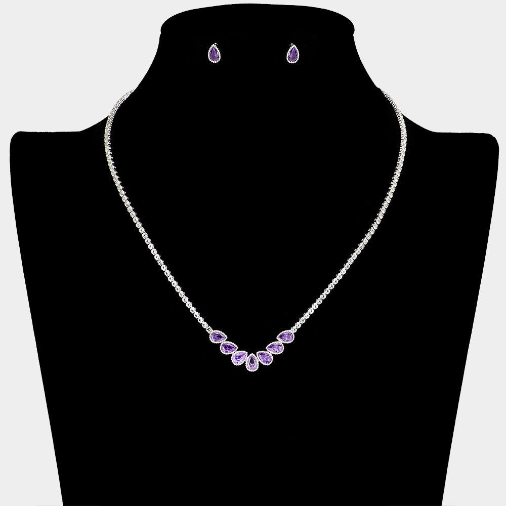 Silver CZ Teardrop Stone Cluster Pointed Necklace Rhinestone Paved