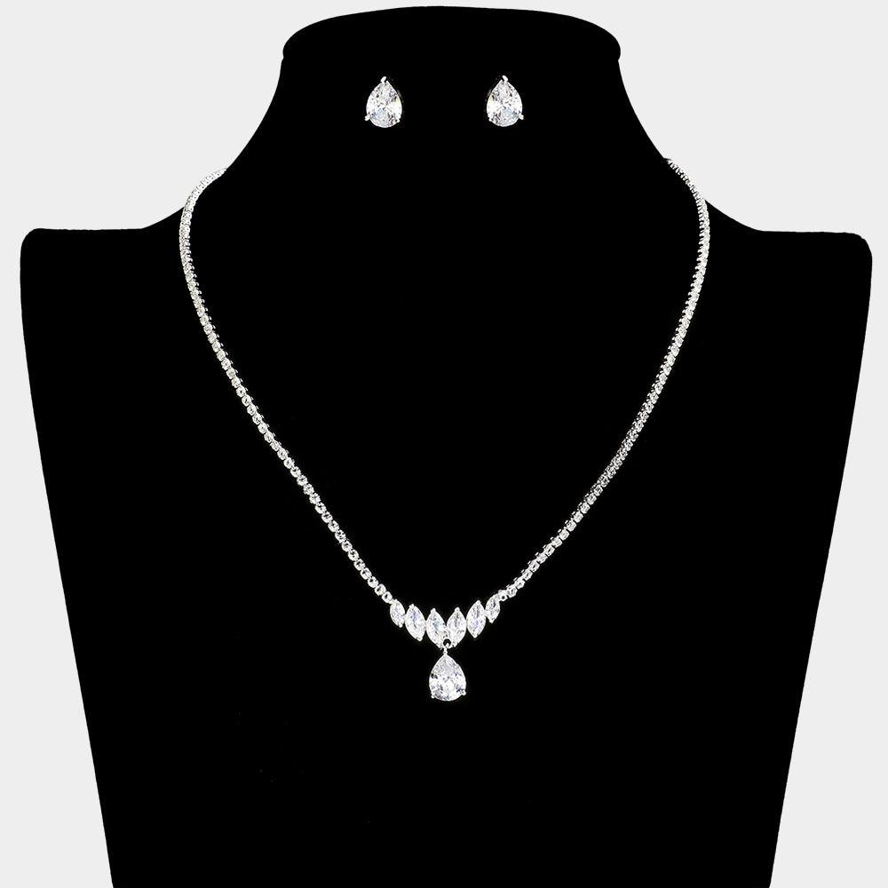 Silver CZ Teardrop Pointed Marquise Stone Necklace Rhinestone Paved