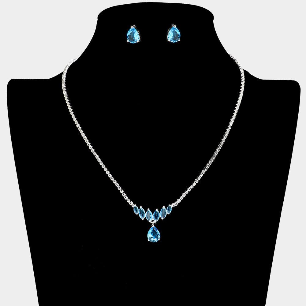 Turquoise CZ Teardrop Pointed Marquise Stone Necklace Rhinestone Paved