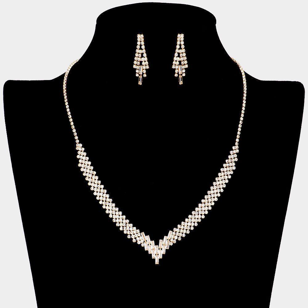 Gold CZ Baguette Stone Pointed V Shaped Necklace - Jewelry Store by Erik Rayo