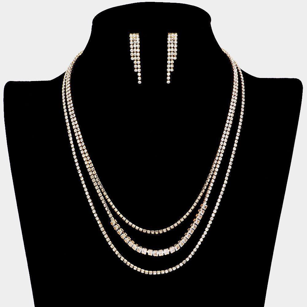 Gold CZ Square Stone Detailed Triple Layered Necklace - Jewelry Store by Erik Rayo